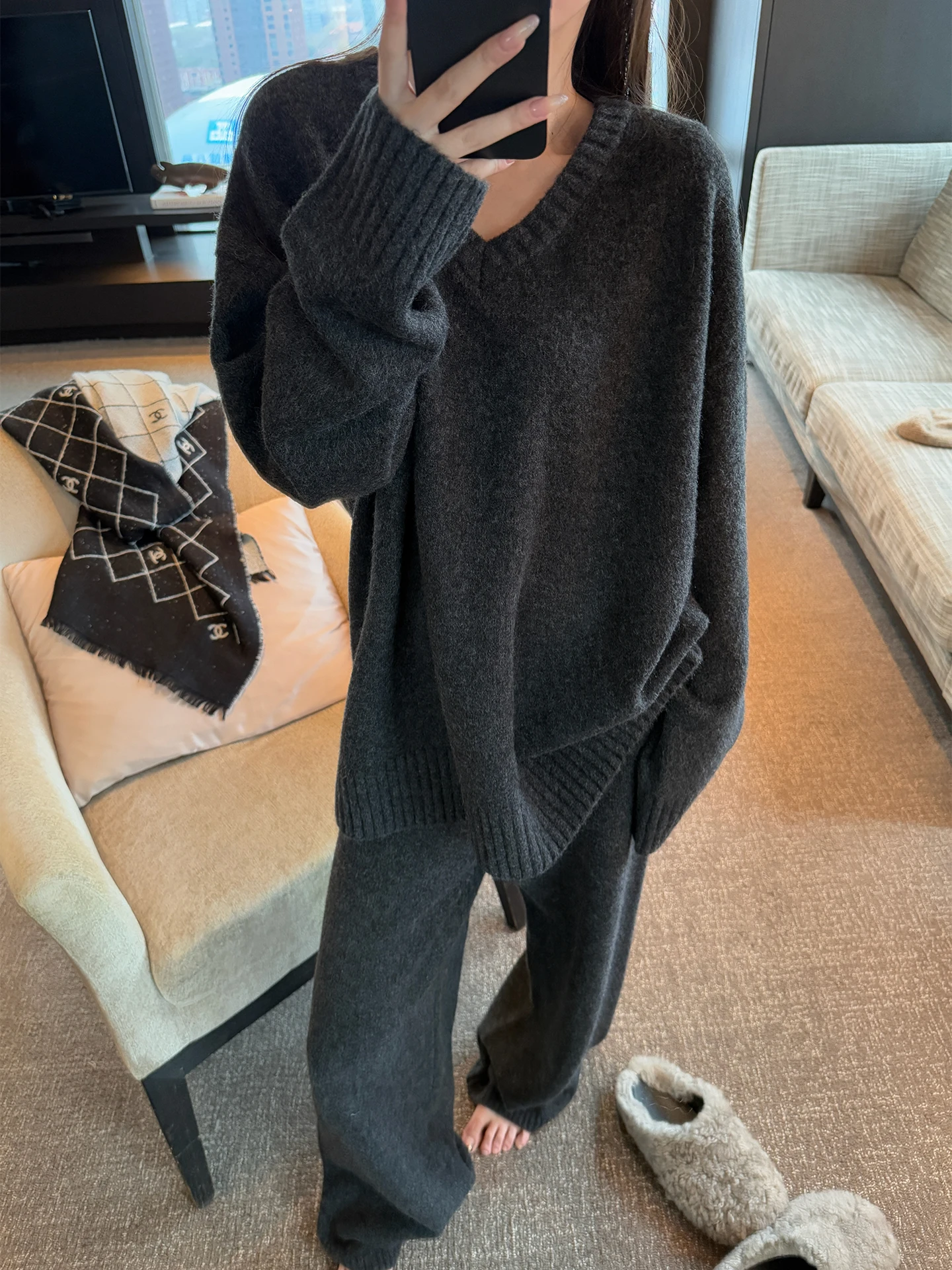 

Комплект из шерстяного свитера Lazy Sle: мягкий, уютный, утолщенный, с длинными рукавами, свободного кроя, для женщин, серия Snow, Yaya, машинная стирка