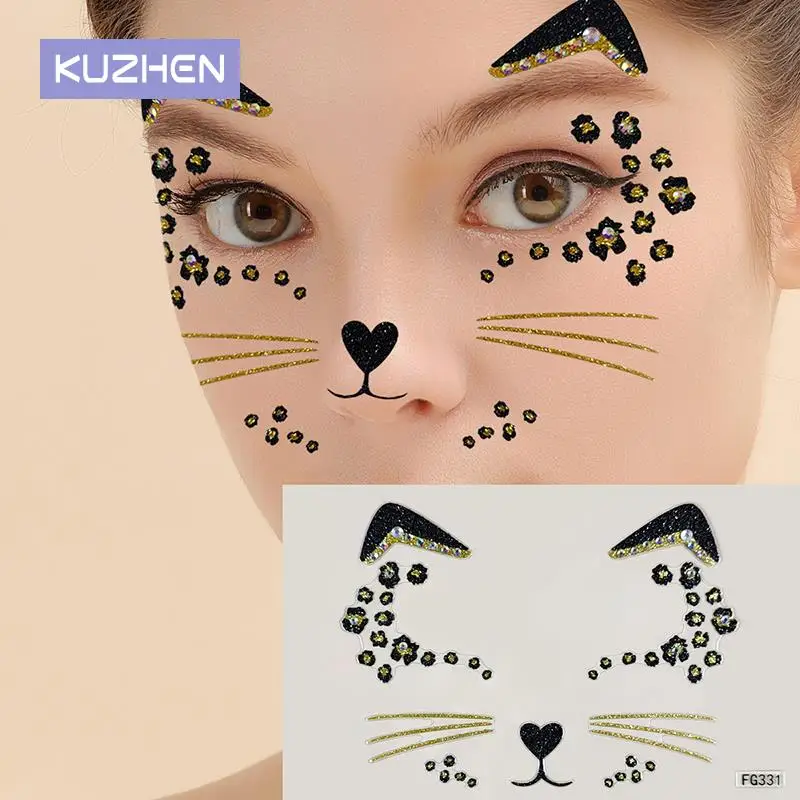 Stiker wajah berlian imitasi akrilik 3D kucing lucu dekorasi Makeup wajah pesta topeng stiker lukisan wajah tato sementara