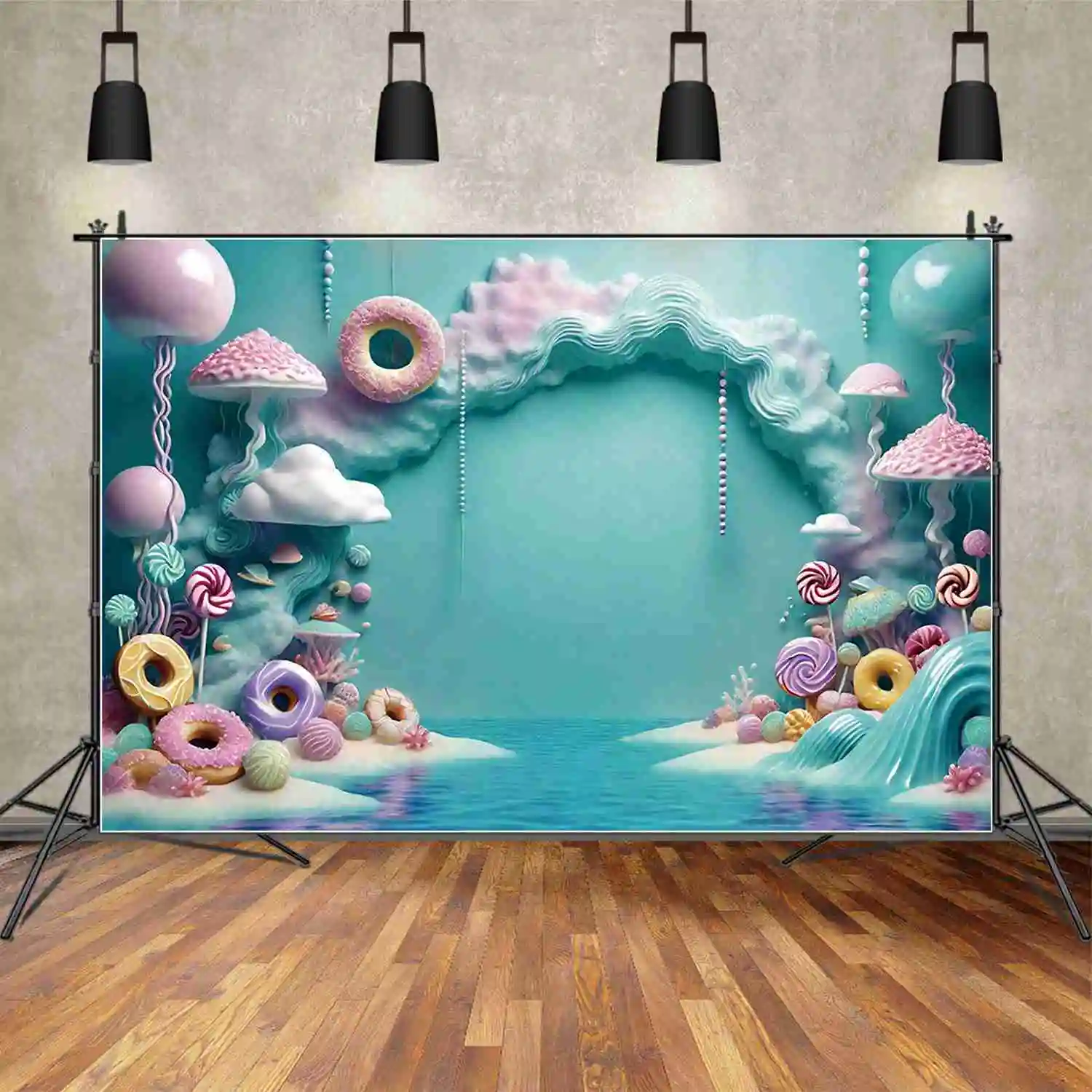 MOON.QG خلفية لحفلة عيد ميلاد الطفل ، الدعائم للتصوير الفوتوغرافي الفوتوزون ، المحيط تحت البحر ، خلفية الدونات ، لافتة زرقاء ، الصيف