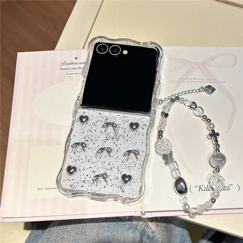 Funda de teléfono ondulada con lazo bonito transparente para Samsung Z Flip 7 6 5 4 3 Flip6 Funda con cadena Kawaii para Galaxy ZFlip7 Flip5 Funda