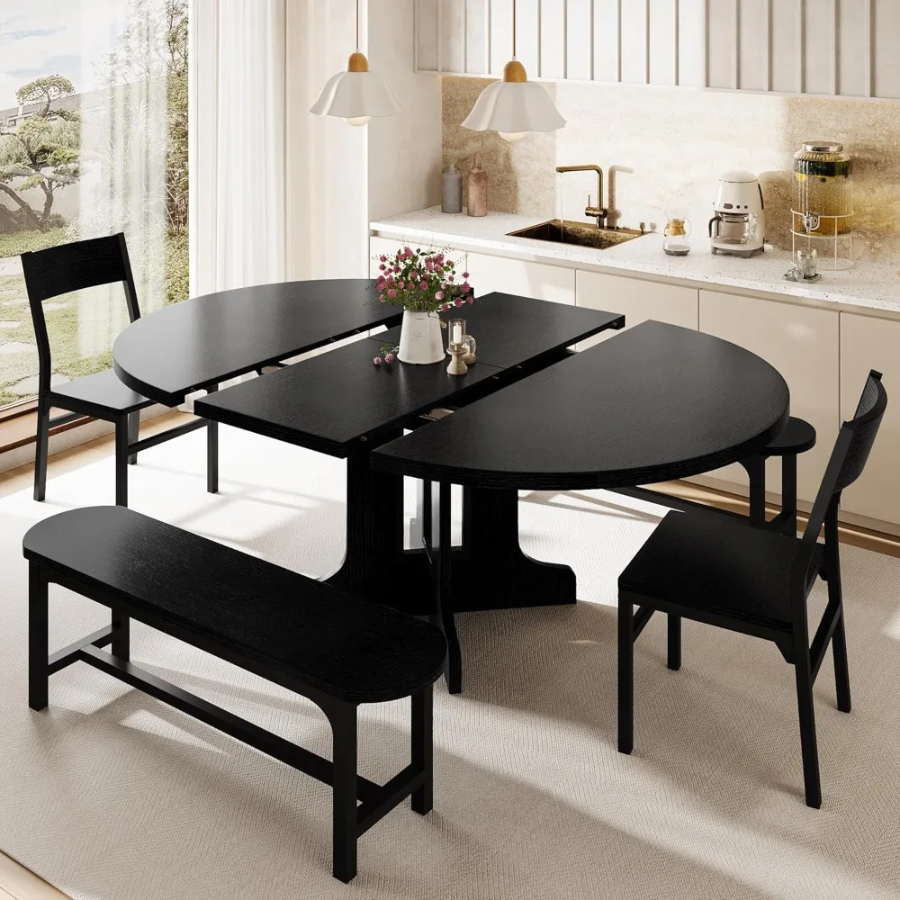 

iPormis 5-Piece Round Dining Table Set for 4-6, 59 Extendable Dining Room Table Set with 2 Ergonomic Chairs & 2 Benches.