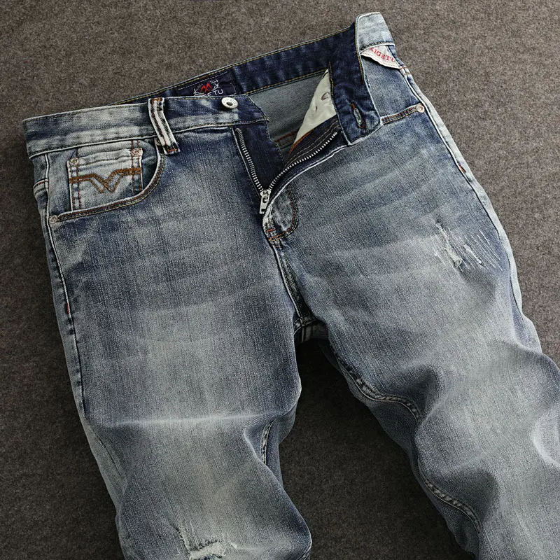 Designer Fashion Men's Jeans Retro Elastic Slim Fit Split Jeans Men's Light Blue Pants Embroidered Casual Jeans Pants Hombre