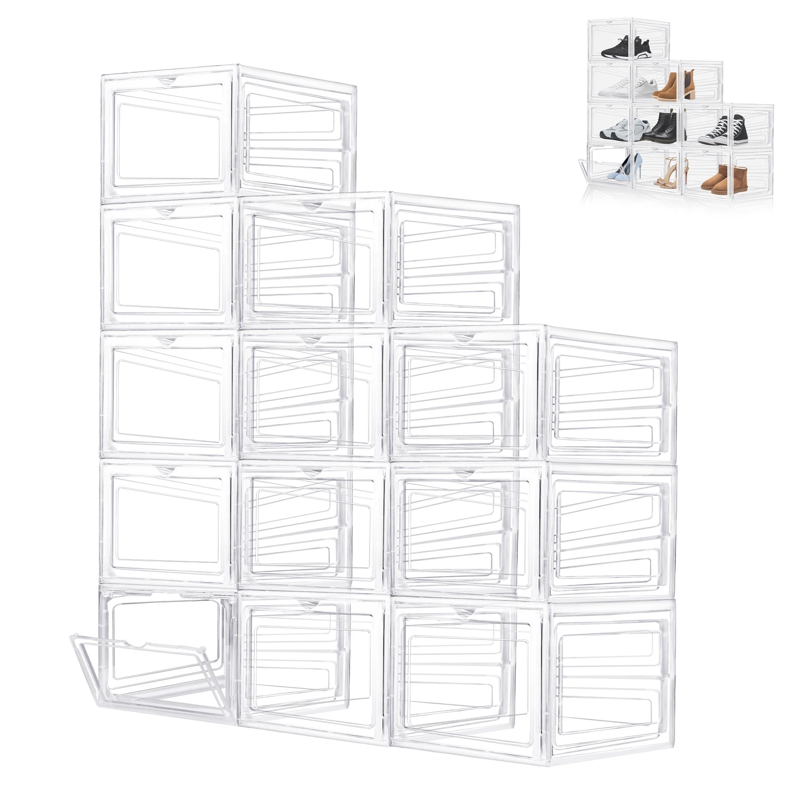 6/9/12pack Transparent Shoes Case, Space-Saving Magnetic Clear Shoe Boxes Stackable Box Shoe Organizer Shoebox with Flip Cover