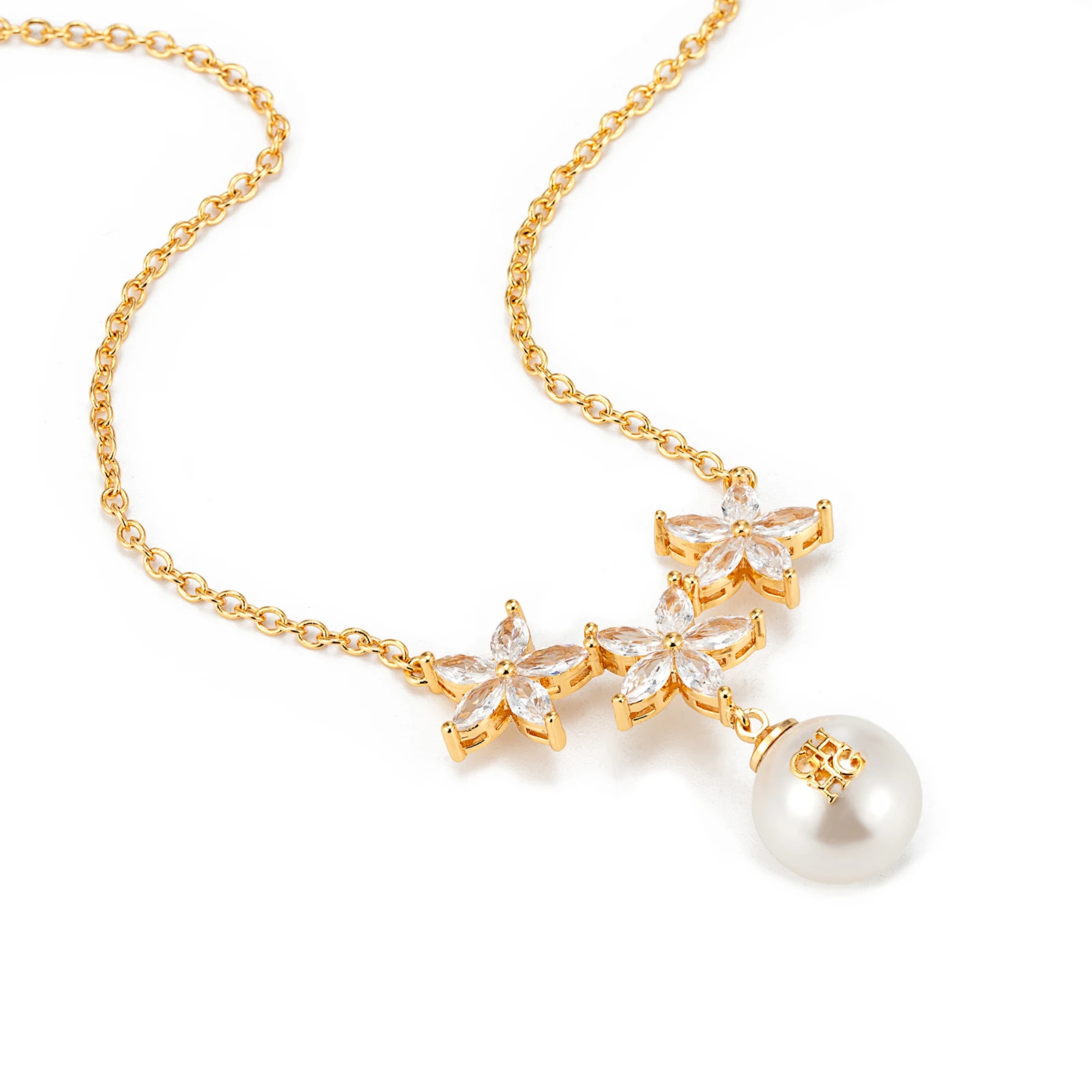 Women Brass Pendant Necklace Three Crystal Flower Petals With Pearl And Gold Letter Adjustable Length Light Luxury Jewelry Gift