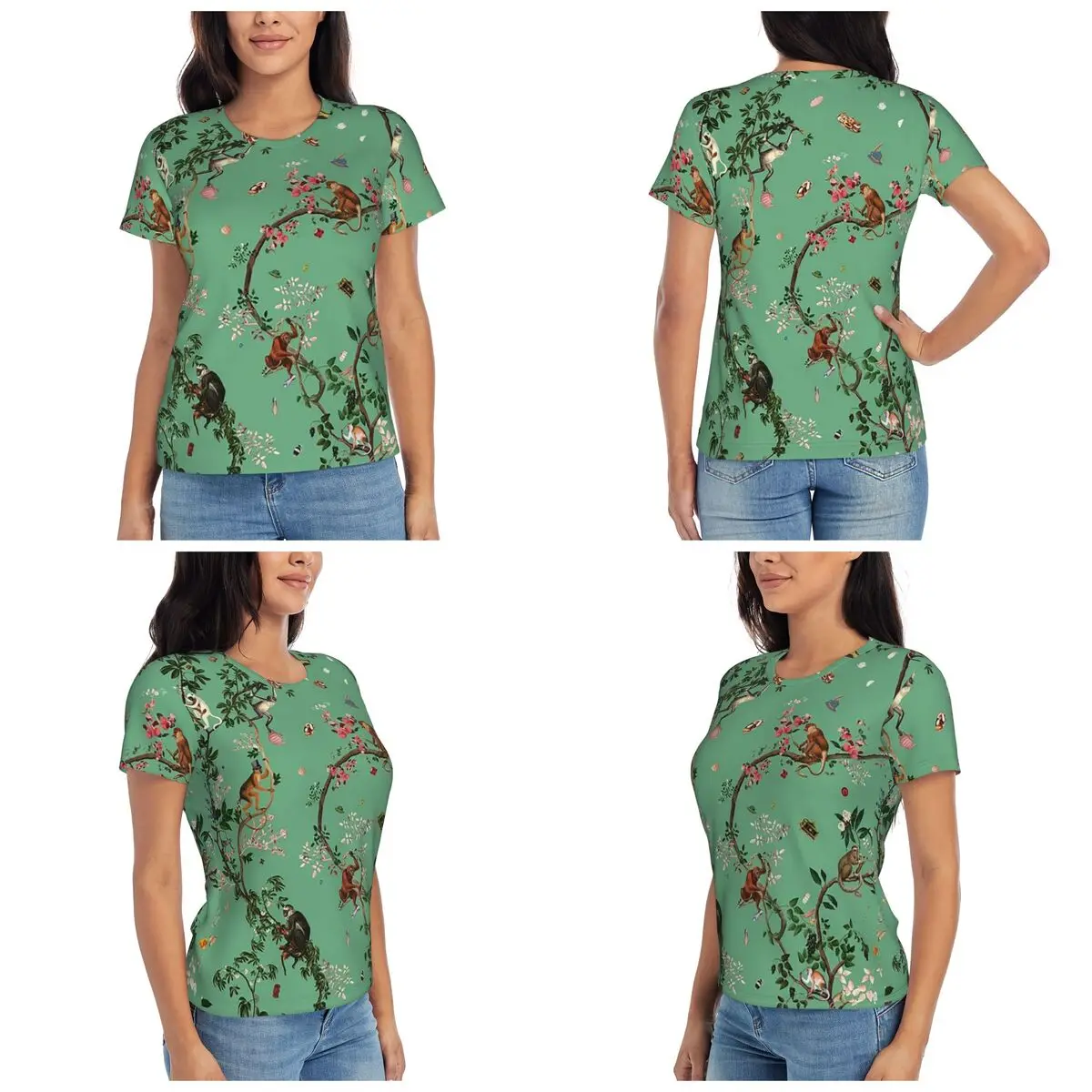 Monkey World Green T-Shirt Women Short Sleeve T Shirts Round Neck Clothing Cotton Summer Tees Streetwear