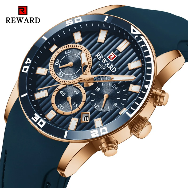 REWARD Mens Watches Top Brand Luxury Blue Quartz Watch Chronograph Men Silicone Waterproof Date Sport Wrist Watch Man Male Clock