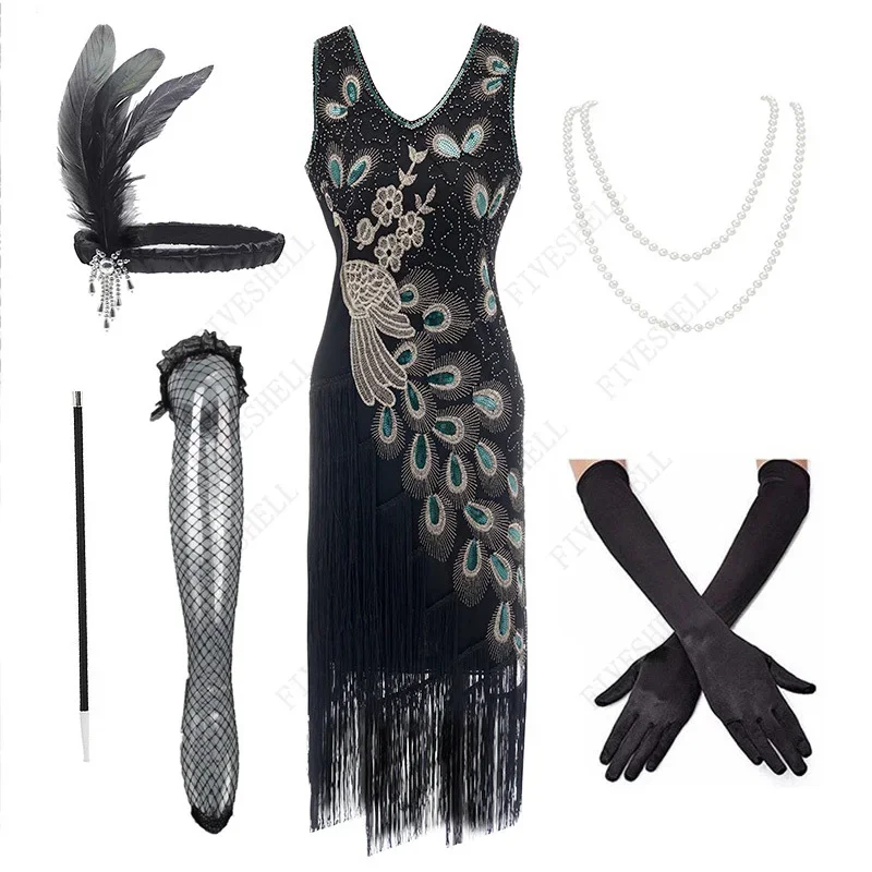 1920s gaun Fashion wanita berpayet merak, gaun Flapper berjumbai Gatsby Vintage gaun pesta Roaring 20s