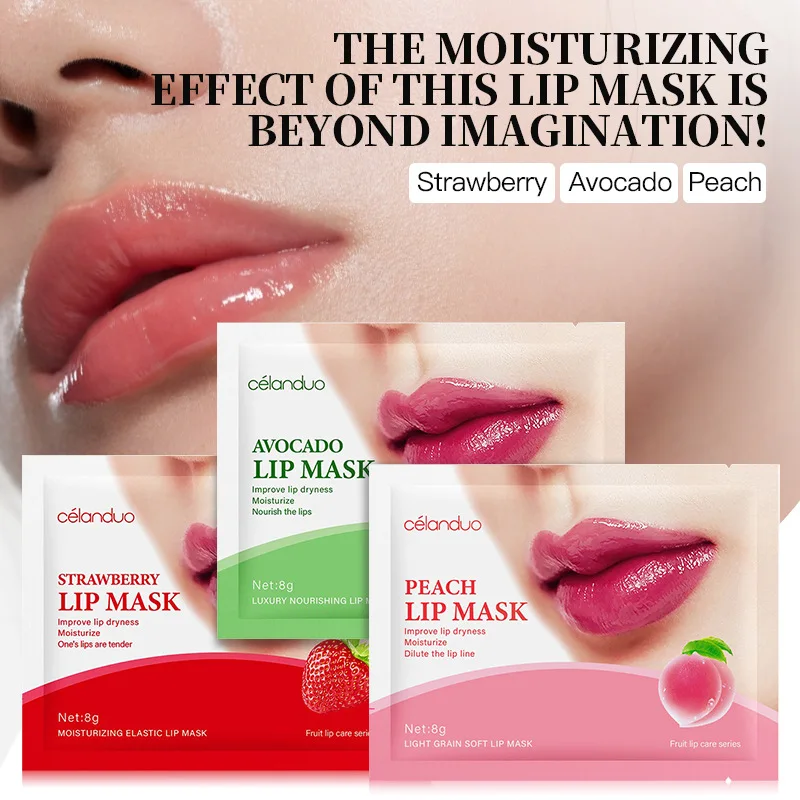 Peach Avocado Strawberry Fruit Essence Lip Mask Patches, Anti-Fine Lines, Hydrating Soft Moist Lip Care