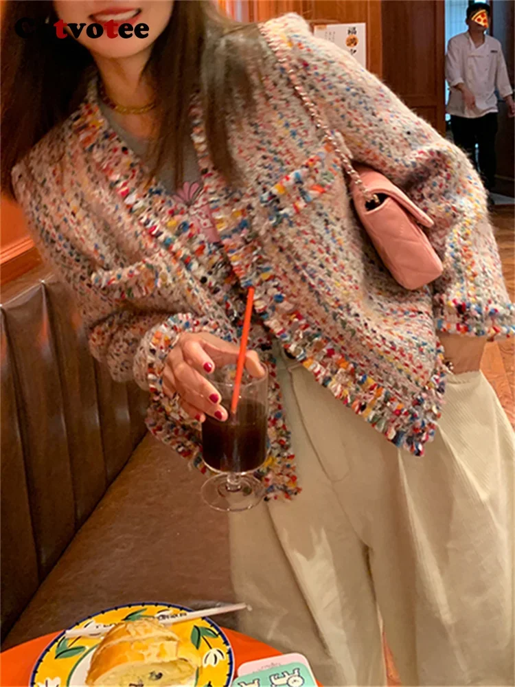 Cotvotee Rainbow Wool Coat Women 2024 Spring Summer New Fashion Long Sleeve Jackets Vintage V Neck Open Stitch Casual Chic Coats