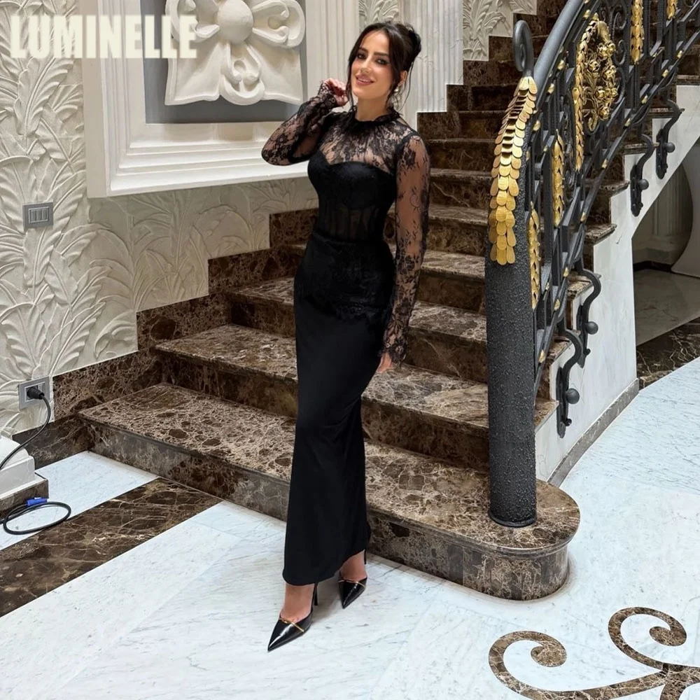 

Черные вечерние платья для сексуальных женщин с длинным рукавом и кружевным корсетом, вечернее платье для выпускного вечера по индивидуальному заказу, прямо فساتين سهرة 2026