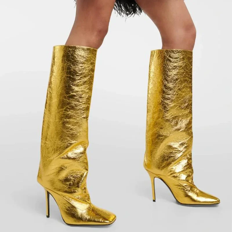 Gold Sexy Square Toe Stiletto Knee Boots Slimming Personalized Botines Ladies Plus Size Catwalk Stage Performance High Boats