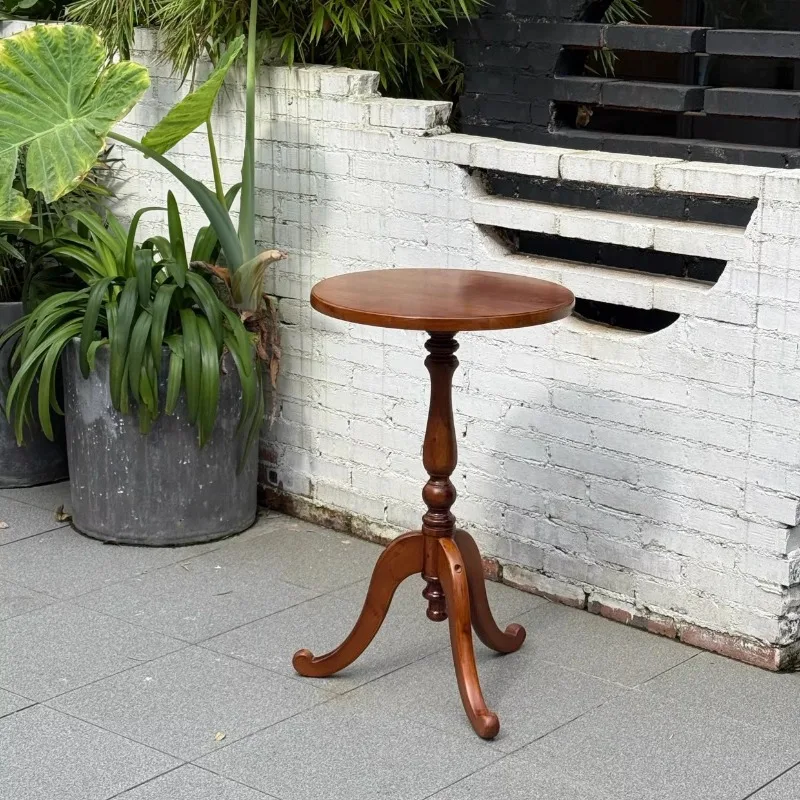 Solid Wood Mid-Century Round Accent Table for Sofa Side Plant Table Sturdy Rustic Coffee Table Space Saving Garden Furniture