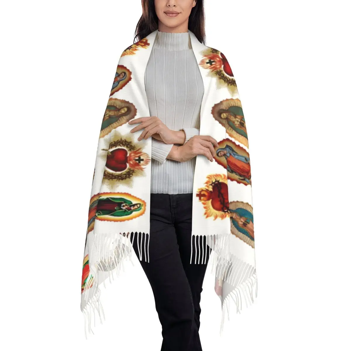 Bufanda de borla de la Virgen María para mujer, chales cálidos personalizados con estilo, Nuestra Señora de Guadalupe, invierno y otoño