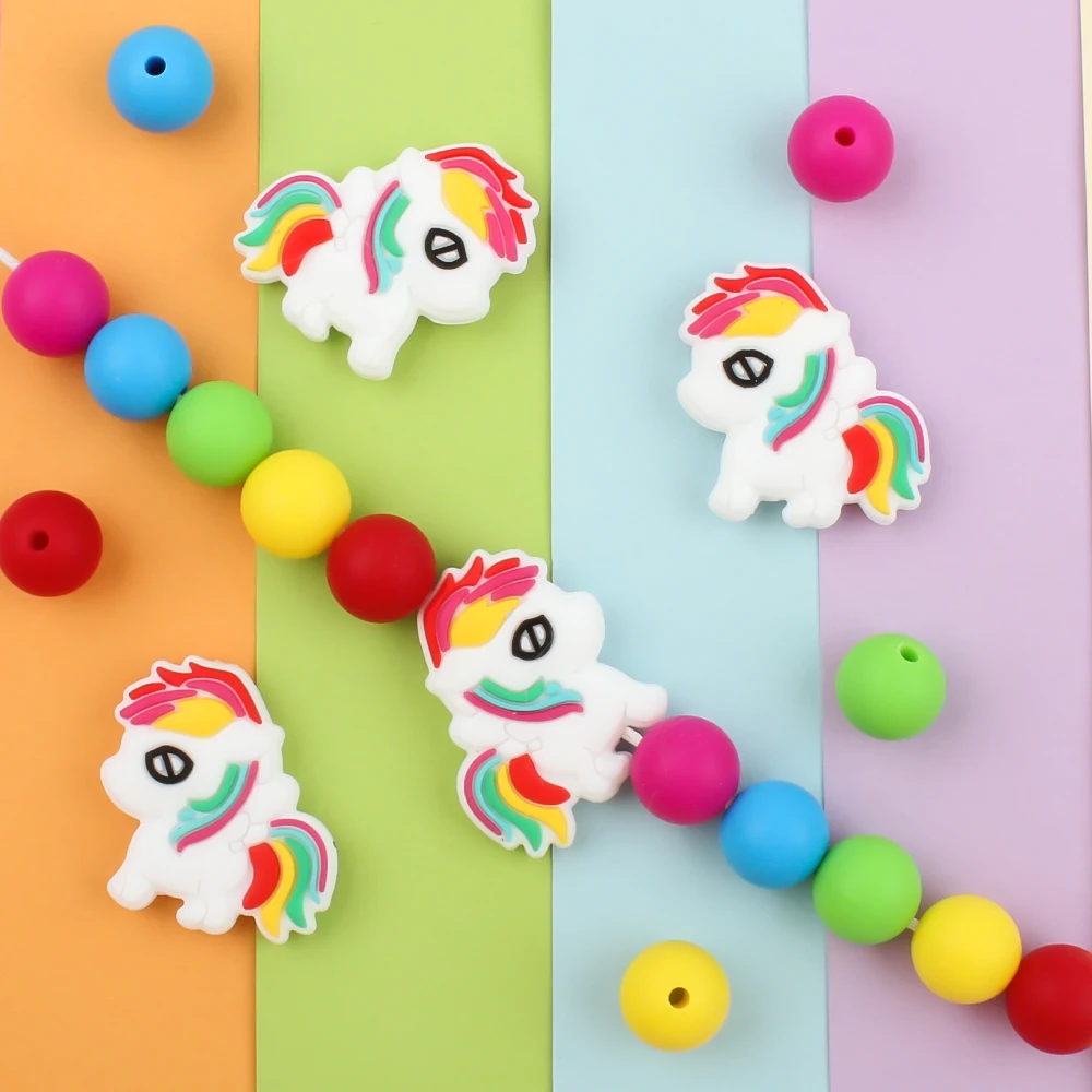 

5Pcs Baby Silicone Beads Rainbow Unicorn Teether Teething Beads for Pacifier Clips Chain DIY Making Necklace Nursing Chewing