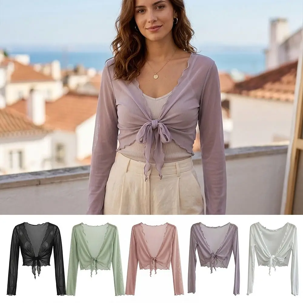 

Korean Style Thin Sun-proof Jackets Ruffled Edge Pure Colo Lace Cardigan Mesh Summer Cardigan Dance Practice