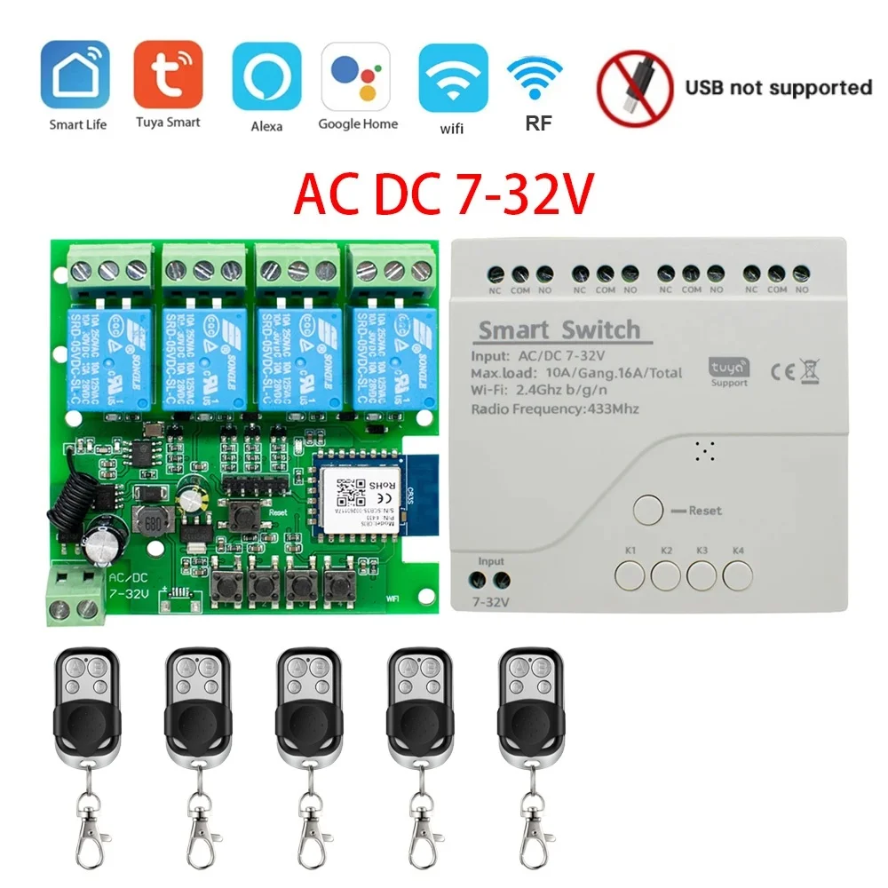 Tuya Smart Wifi Switch Module 12V 24V RF 433 Remote Control Appliance Control Module 4CH Relay Work With Alexa Google Home