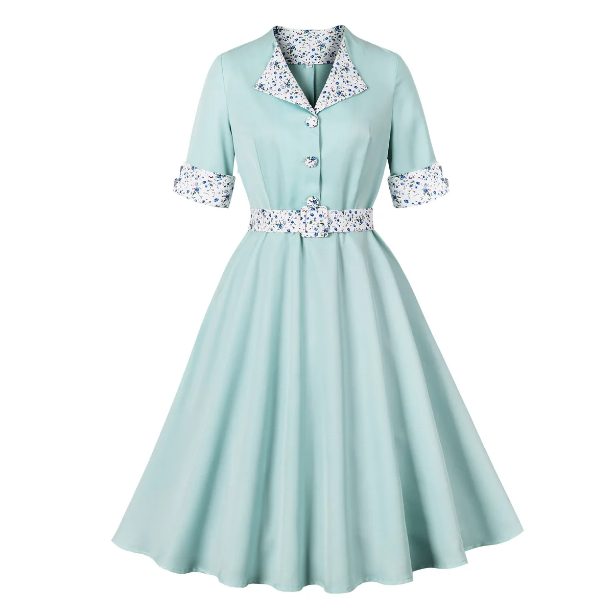 Robe élégante en Patchwork de fleurs pour femmes américaines, manches courtes, revers, douce, ceinture de rendez-vous du thé de l'après-midi, robe de transport décontractée