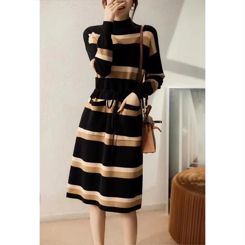 

Women Clothing Fashion Vintage Casual Pockets Knitted Dress Autumn Winter Elegant Chic Elastic Waistband Dresses ﻿