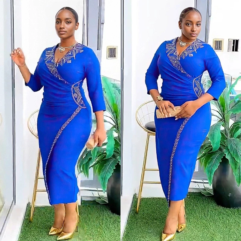 Yellow Red Green Polyester African Dresses for Women Summer African Women v-neck Short Sleeve Knee-length Dress African Clothes