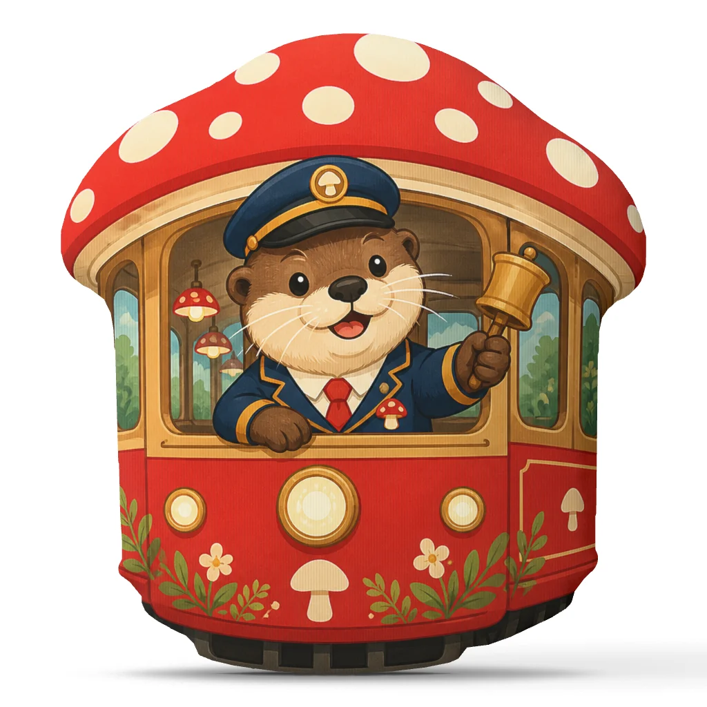 Otter Conductor Tram Plush Pillow Mushroom Trolley Cushion Cute Woodland Stuffed Throw Pillow Travel Lover Home Decor Gift