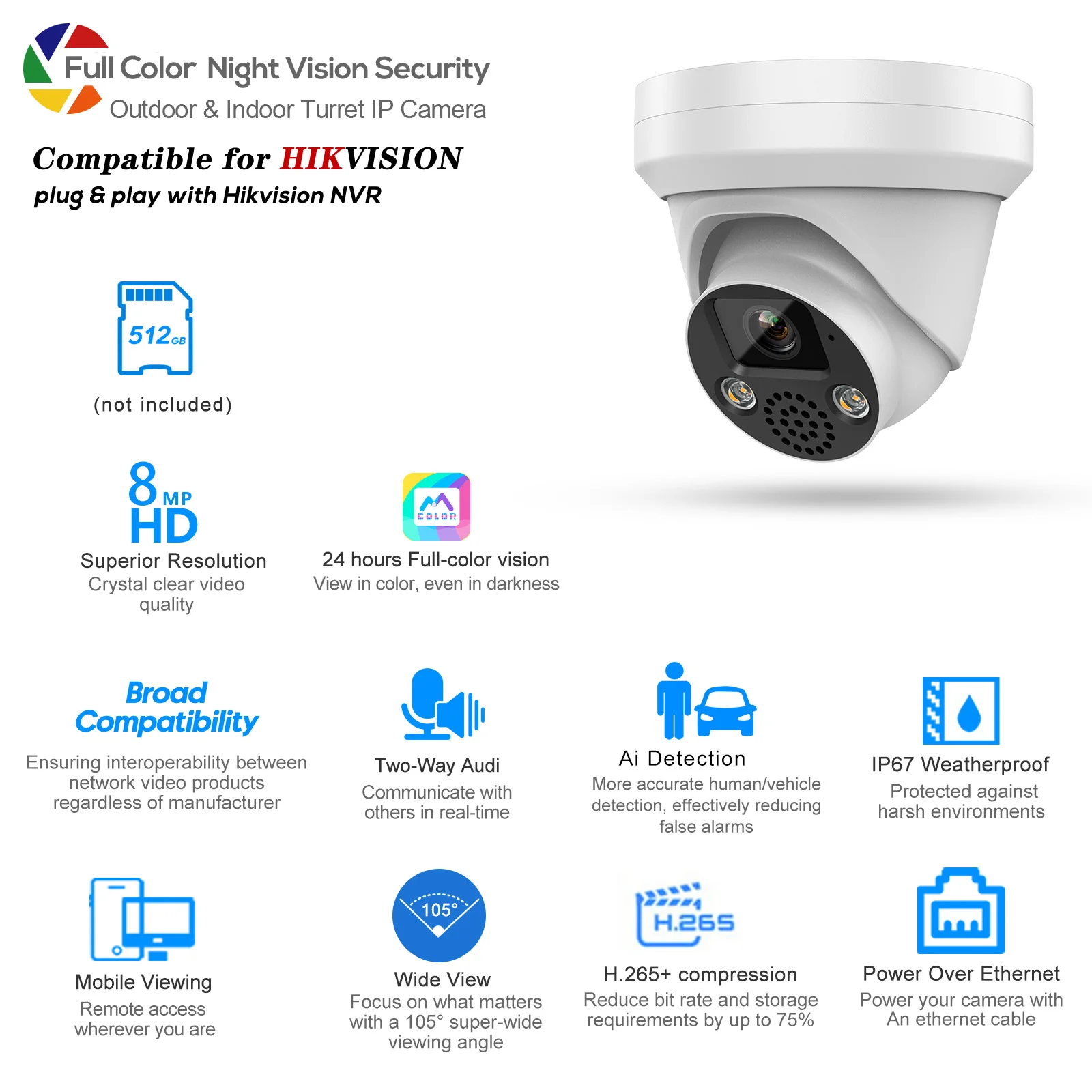 

Hikvision Compatible 8MP Full Color Security Turret POE IP Camera 2-Way Audio AI Human&Vehicle Detection SD Slot H.265+