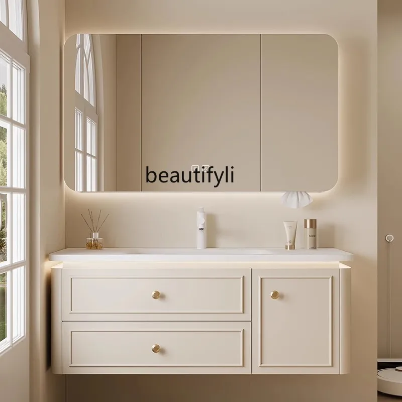 Cream wind bathroom cabinet Corian integrated ceramic basin oak arc toilet hand wash basin combination