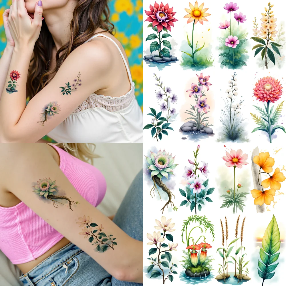 

9 шт., временные татуировки, цветочные татуировки, акварельные цветочные узоры, водонепроницаемые долговечные наклейки для тела для груди, щек, детей