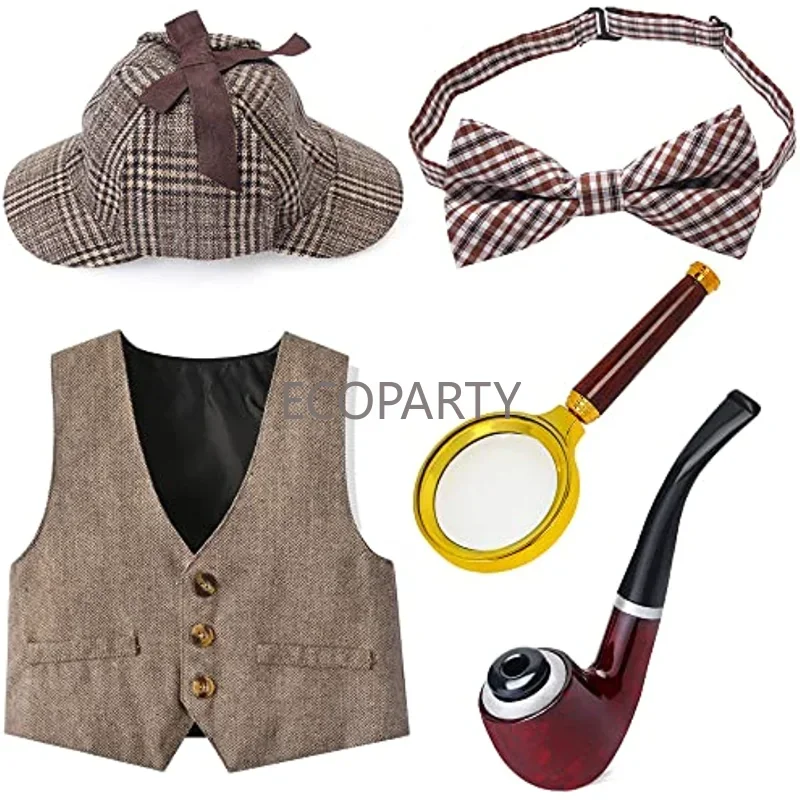 2023 New Kids Detective Costume Boys Formal Suit Vest Beret Detective Hat Detective Acessórios Set para Halloween Role Play