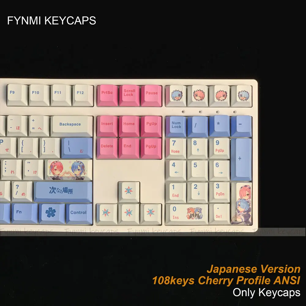 Колпачки для клавиш Rem Ram RE ZERO 108, колпачки для клавиш ANSI Cherry Proflie Dye Sublimation PBT от Fynmi, заводские колпачки для клавиш