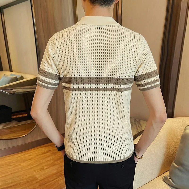 Summer Men's Short Sleeved T-shirt High-quality Striped Knitted Hollow Casual Cardigan Ice Feeling Jacquard Business Polo Shirts