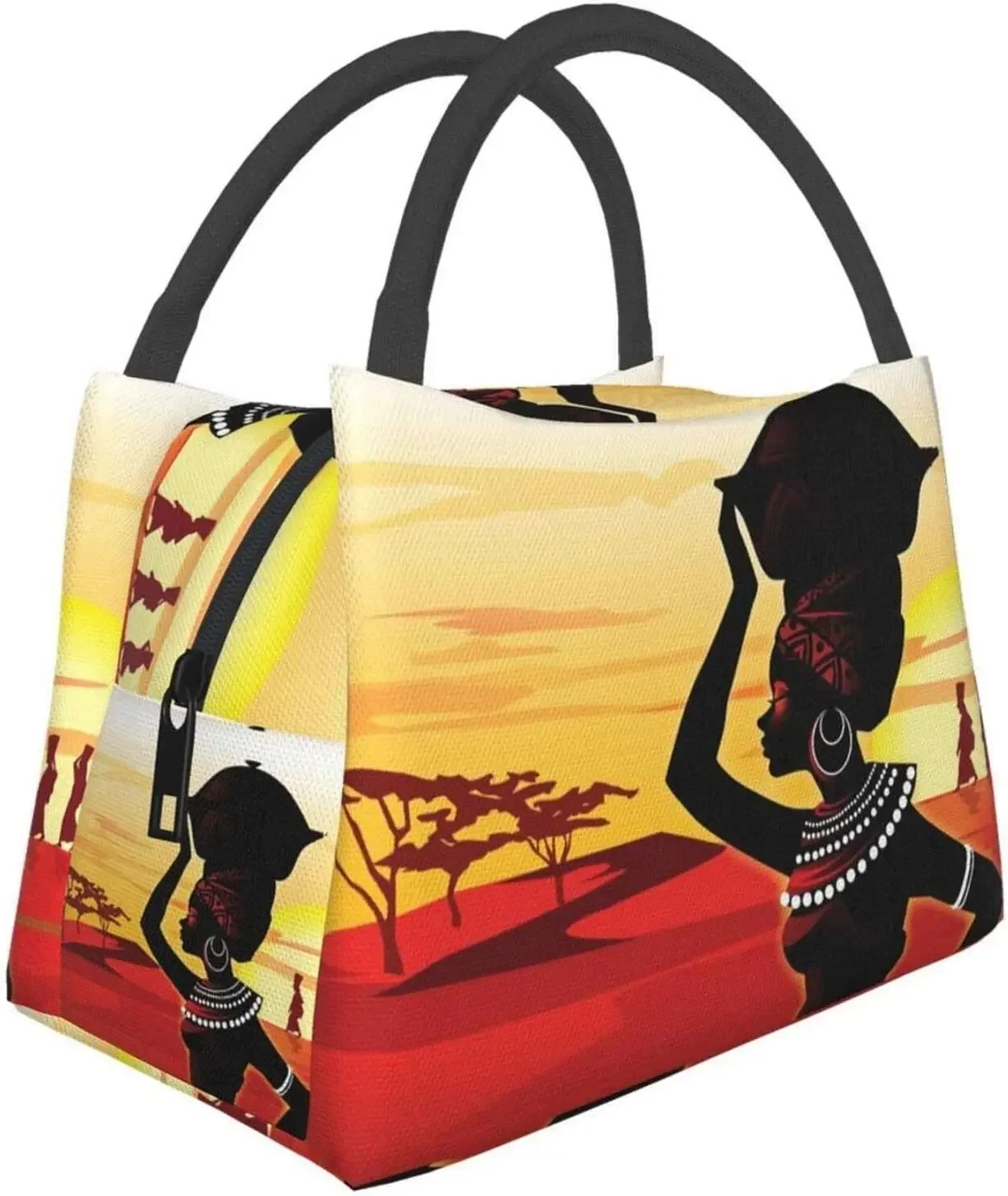 Portable Insulated Lunch Bag African Women Desert Painting Waterproof Tote Bento Bag for Office School Hiking Beach Picnic