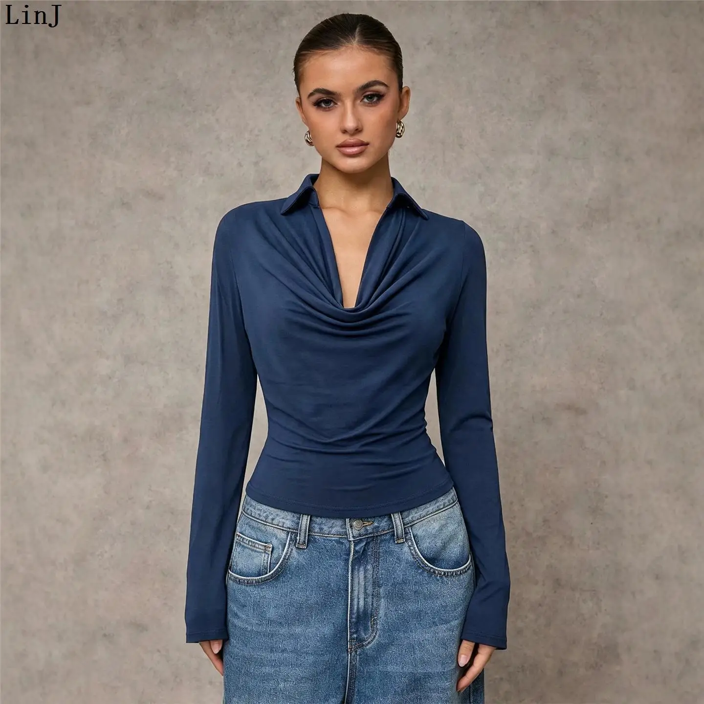 Women's Holiday Long Sleeve Collared Base Shirt Waist Cinching Folded Hem European Style Polyester A-Line Narrow Strap Vest