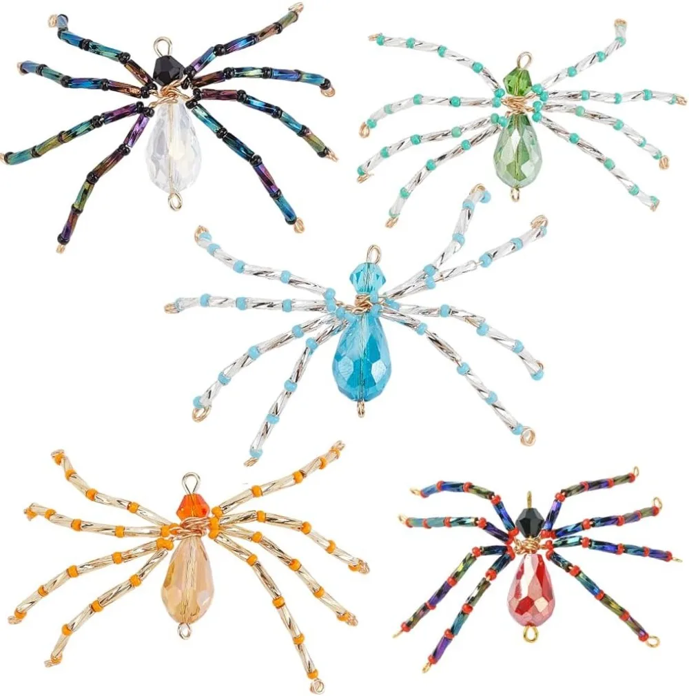 10 Uds. De dijes de araña de Halloween, dijes de estilo gótico, cristal, rojo, verde, azul, insectos, arañas, kit de fabricación de cuentas de semillas de animales