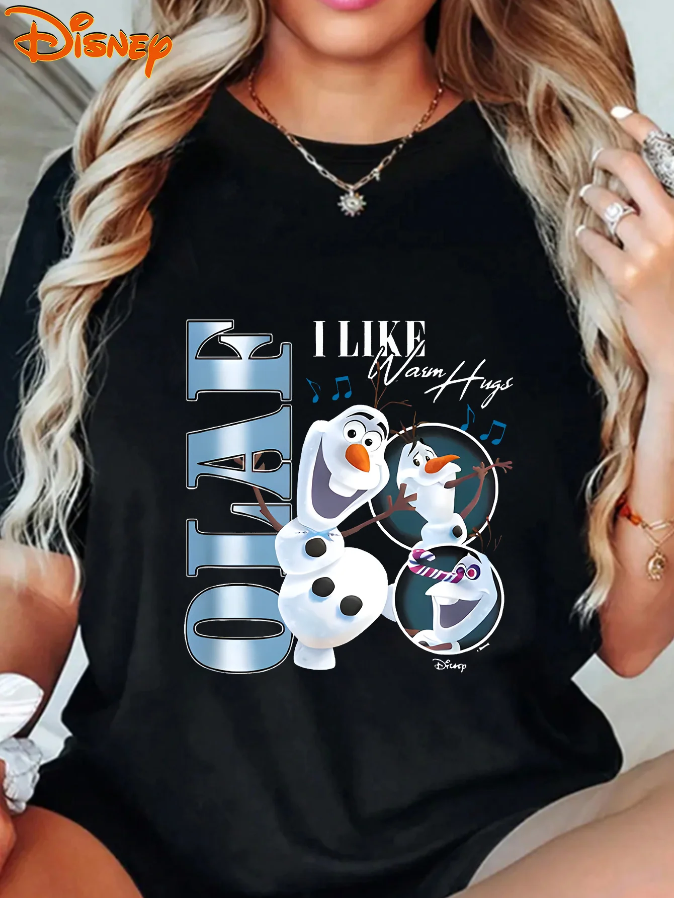 

2025 Disney Pattern Printed Women's Casual Comfortable Unique Smiling Face Black Round Neck Short Sleeve T-shirt