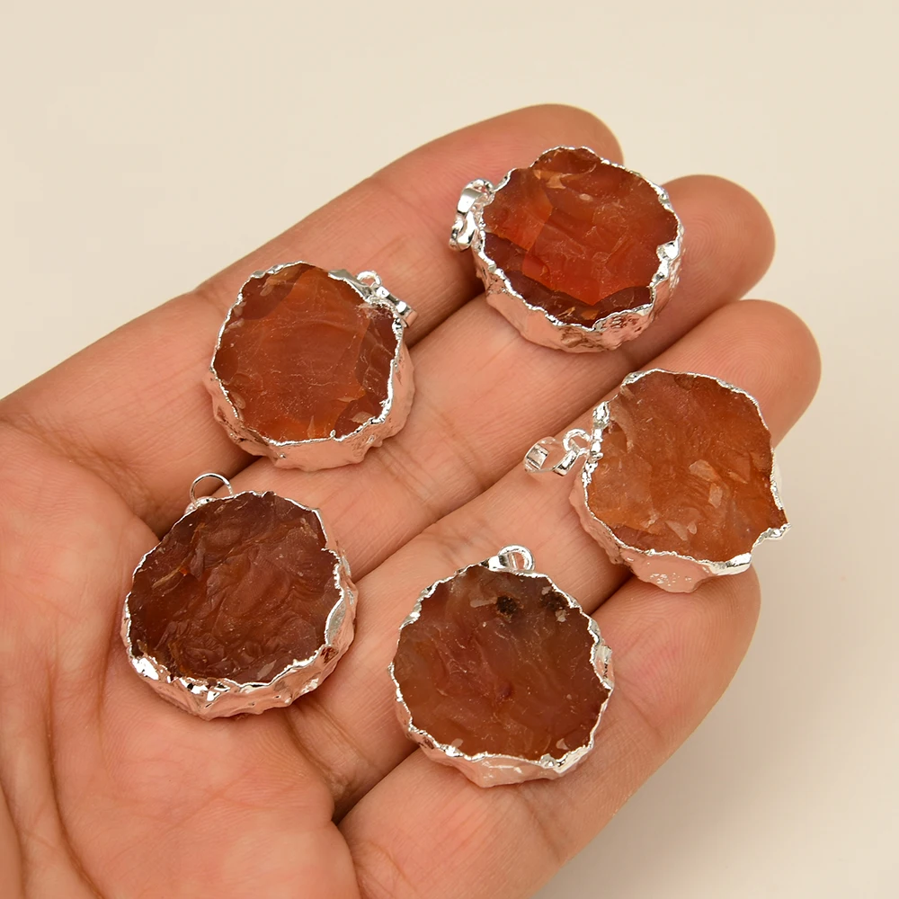 APDGG Wholesale 5 Pcs Natural Red Agate Rough Raw Gems Material 925 Silver Plated Pendant Charm Jewelry Making DIY