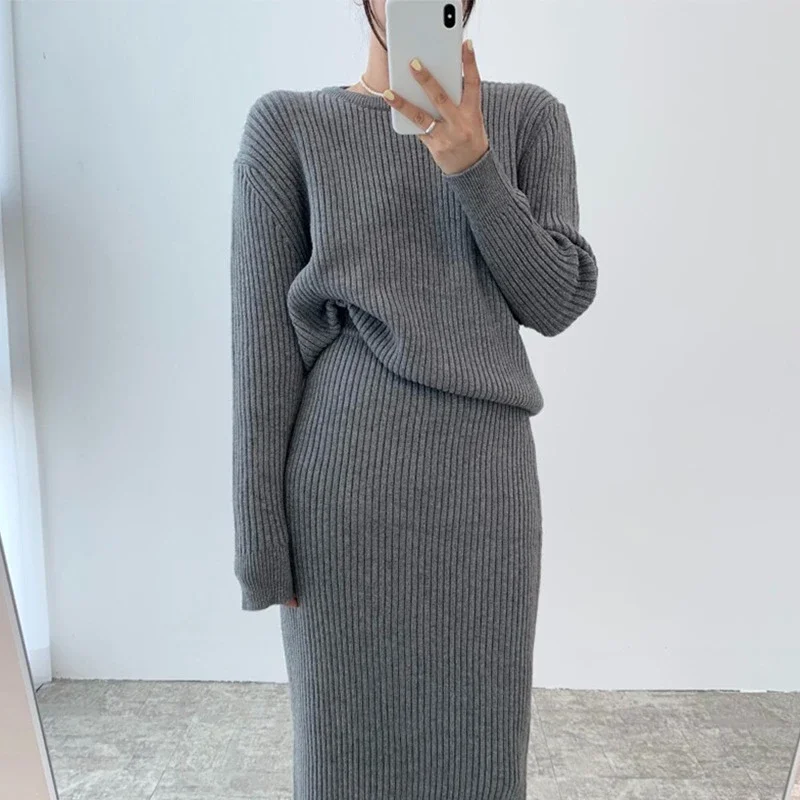 Neploe Korean Elegant O-neck Long Sleeve Knitted Sweaters+ Y2k High Waist Bodycon Skirts 2024 Autum New Two Piece Sets