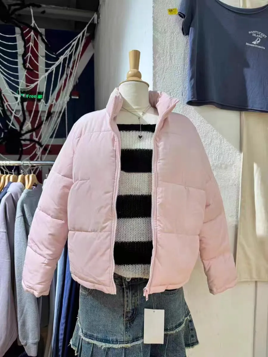 

American Sle Pink Stand Collar Jaet Outerwear Bread Zipper Winter Thiened Cotton Clothes for Young Women