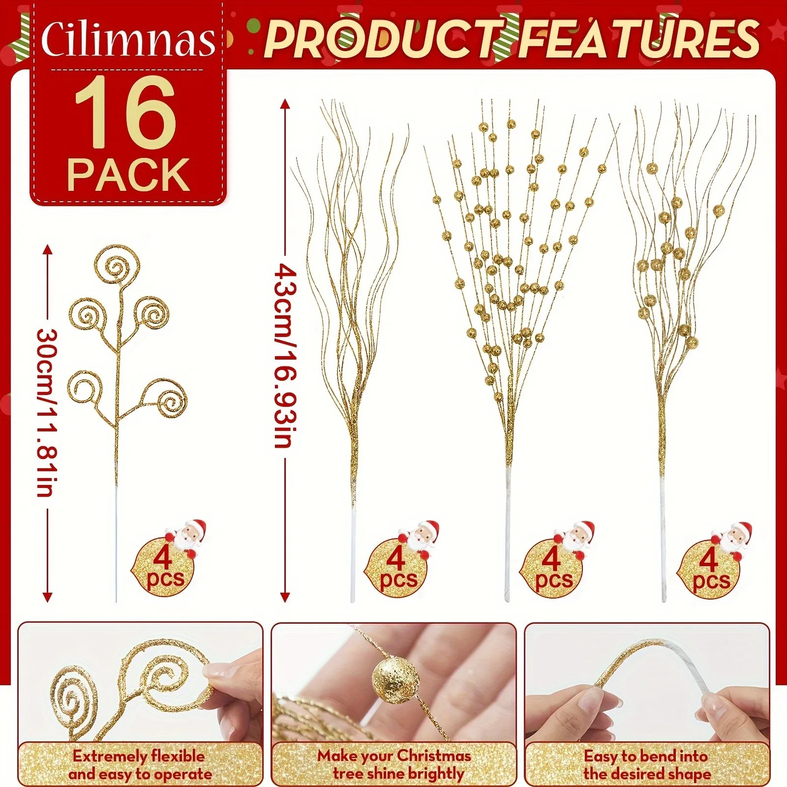 8/16 Stück glitzernde künstliche Blumen, Beerenstrauß, Weihnachtsbaumschmuck für Zuhause, Raumdekoration, Neujahr 2026, DIY-Geschenkzubehör – Detail 10
