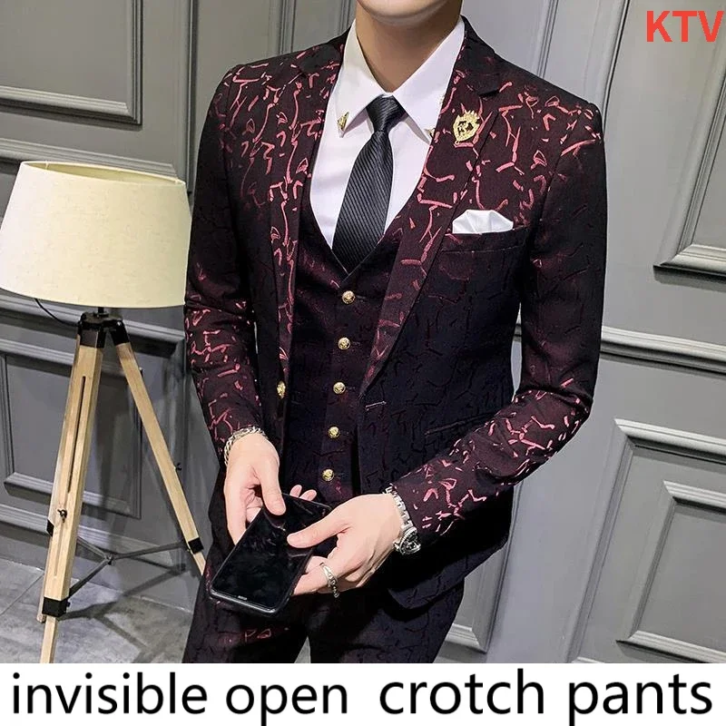 Invisible Seamless Open Crotch Pants, New Casual Suit Set, Men's Three Piece Set, Youth Korean Hairstylist Nightclub Boxers