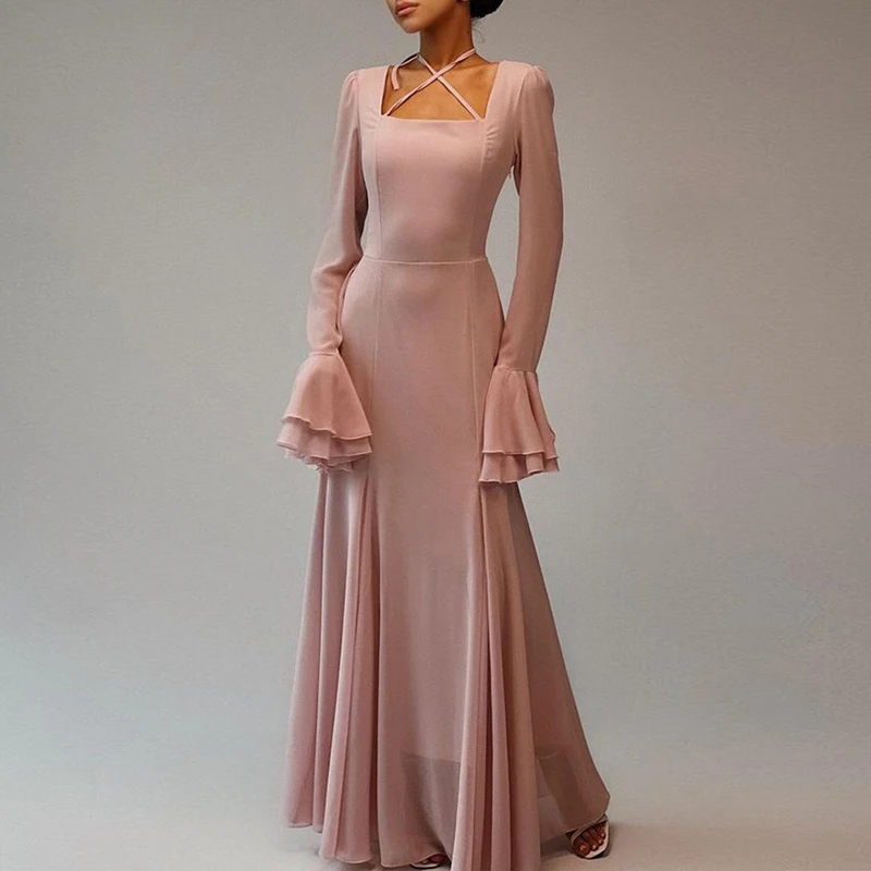 Women Elegant Square Neck Tie-up Chiffon Dress Casual Long Sleeve Solid Party Dresses Fashion Backless Bandage Waist Long Dress