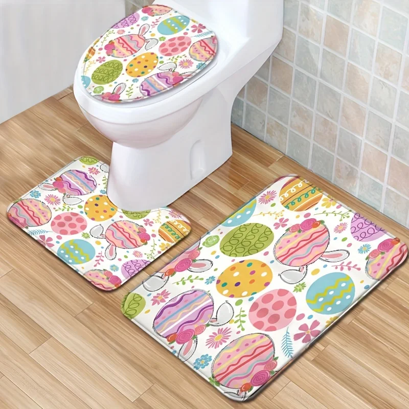 1/4pcs Easter Colorful Eggs Pattern Set, Waterproof Shower Curtain With 12 Hooks, Non-Slip Bath Rug, U-Shape Mat,