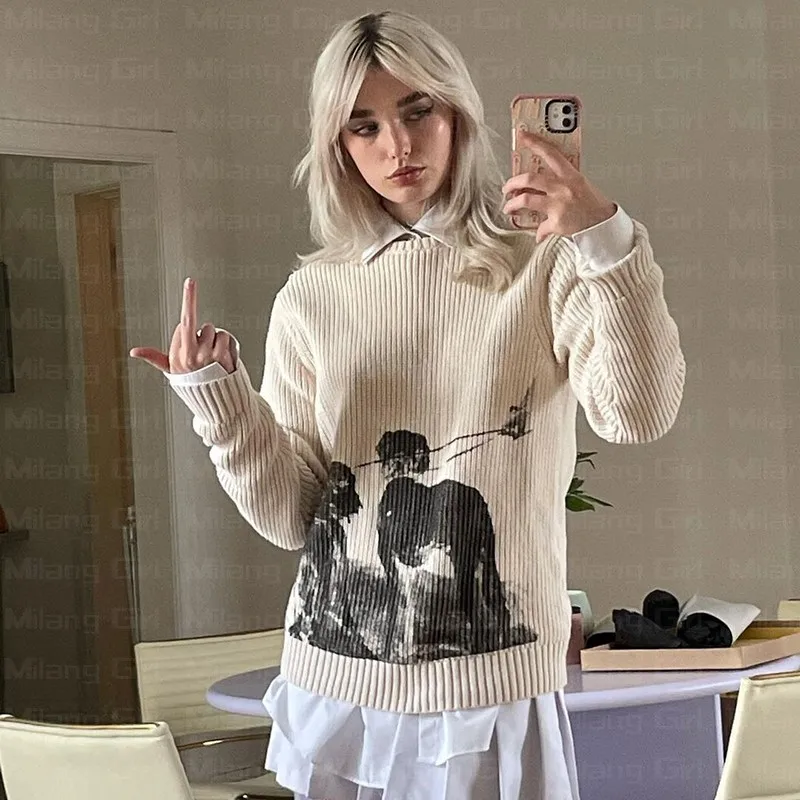 Aesthetics Harajuku Autumn Knitted Women Oversized Sweater Streetwear Men Gothic Pattern Print Sweater Pullover Cotton sweater