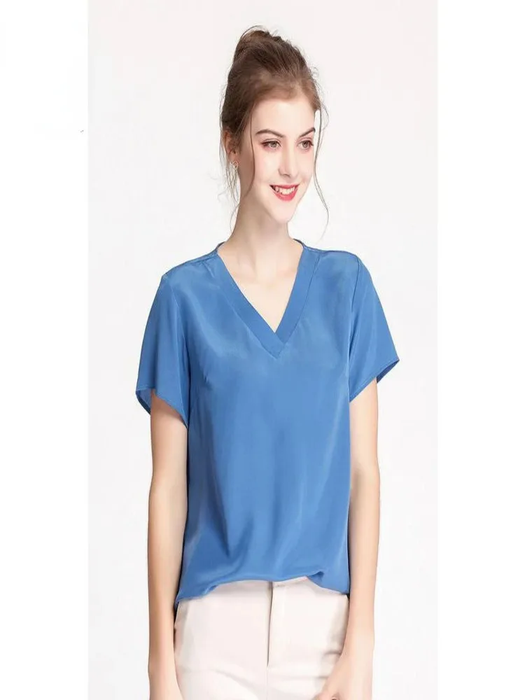 100% Natural Mulberry Silk Women's T-shirt Summer Deep V-Neck Solid Color Top Women Fashion Office Lady Woman Clothes Tees Xhl