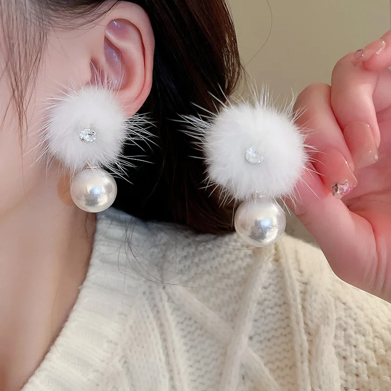 Big Pearl Hairy Fluff Earring Drop Earrings for Girls Cute Japanese Students Autumn Winter Plush Ball Ear Drops Jewelry Earrings