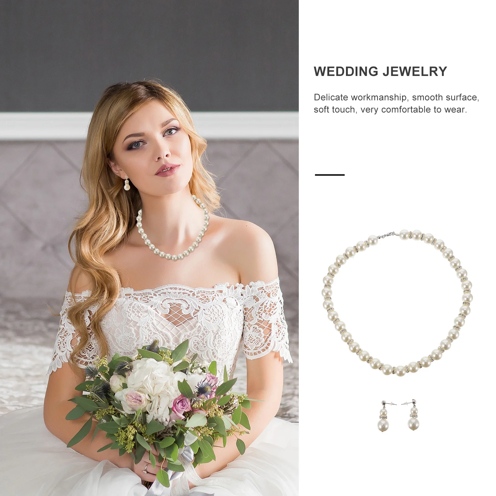 

1Set Wedding Necklace Earrings Set Pearl Jewelry for Women Party Prom Gift Delicate Workmanship Smooth Comfortable Wear