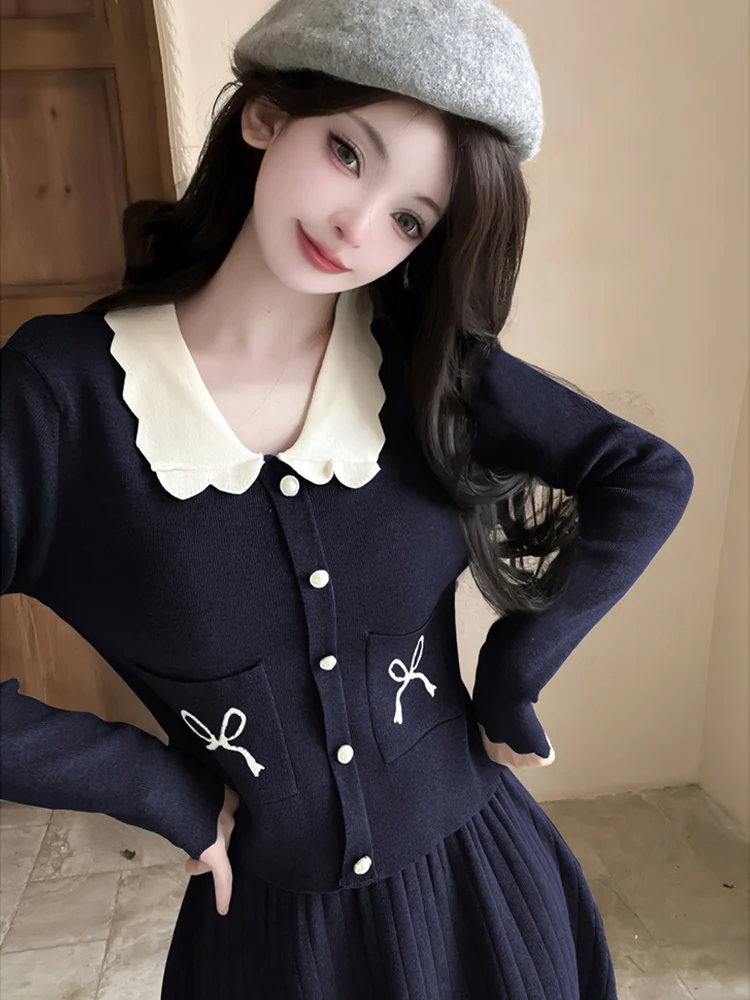 Женская одежда Sweet Kawaii Трикотажные комплекты из двух предметов Женские однобортные топы Свитер Пальто Куртка Короткая плиссированная юбка Комплекты