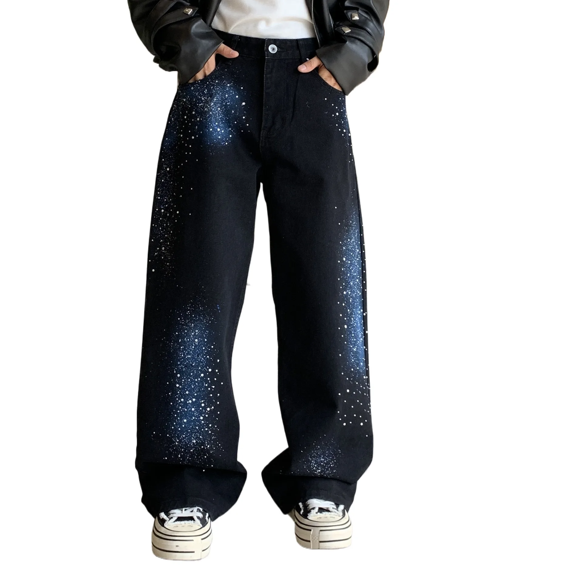 Men's Vibe Style Y2K Hip Hop Jeans Pants Fashion High Streetwear Painted Denim Trousers Loose Fit Jeans With Hotfix Rhinestone