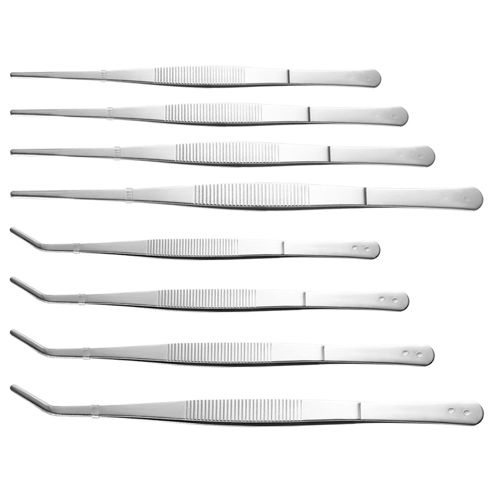 

8 Pcs Stainless Steel Tweezers 16cm 18cm 20cm 25cm Straight Bent Heads Industrial Repair Tools Tea Clips Anti-scald Cup Tongs