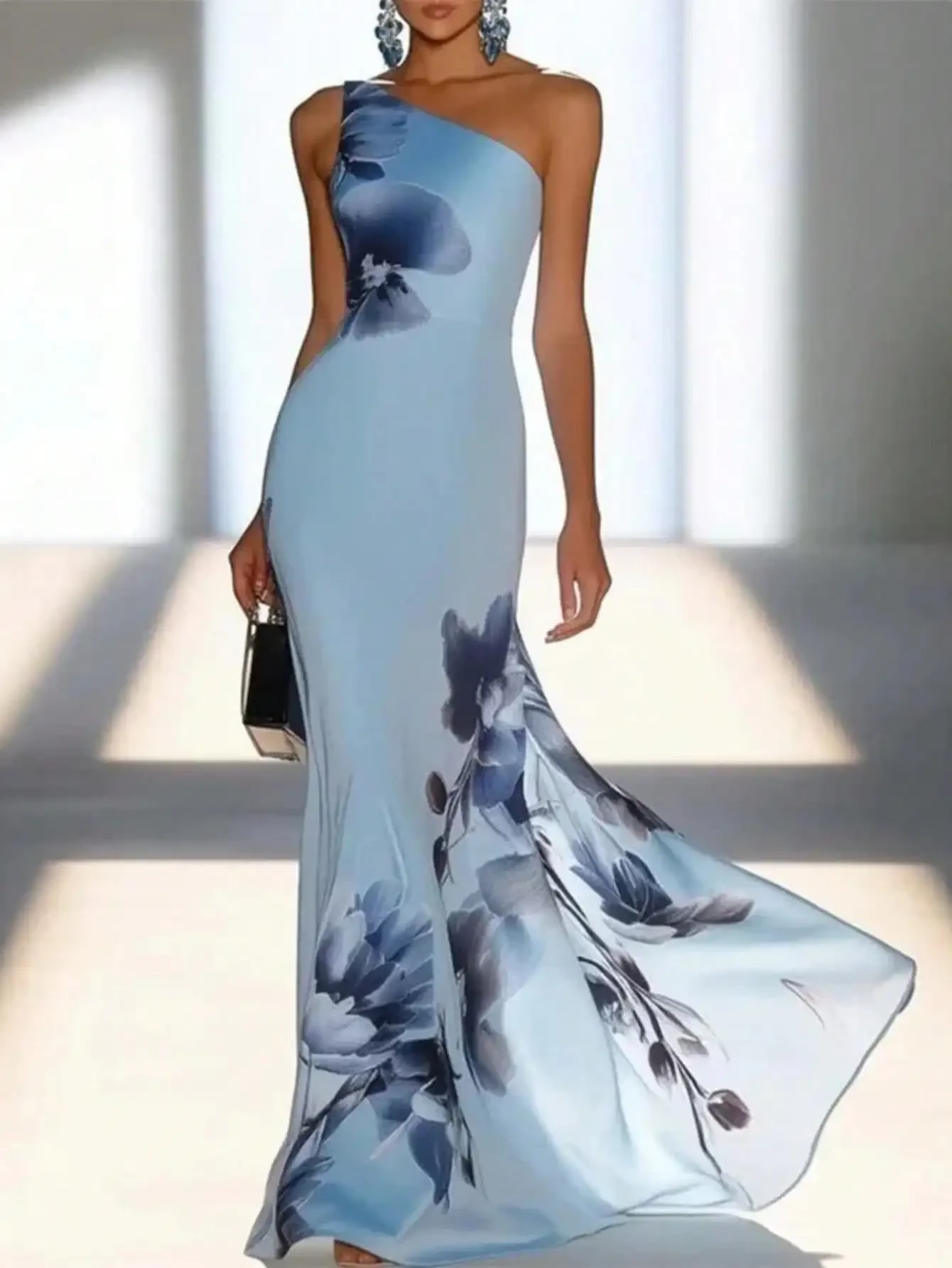 

Women's Elegant Asymmetrical Neck Sleeveless Long Bodycon Dress With Floral Print, Flowy Asymmetrical Hem Woven Fabric Gown