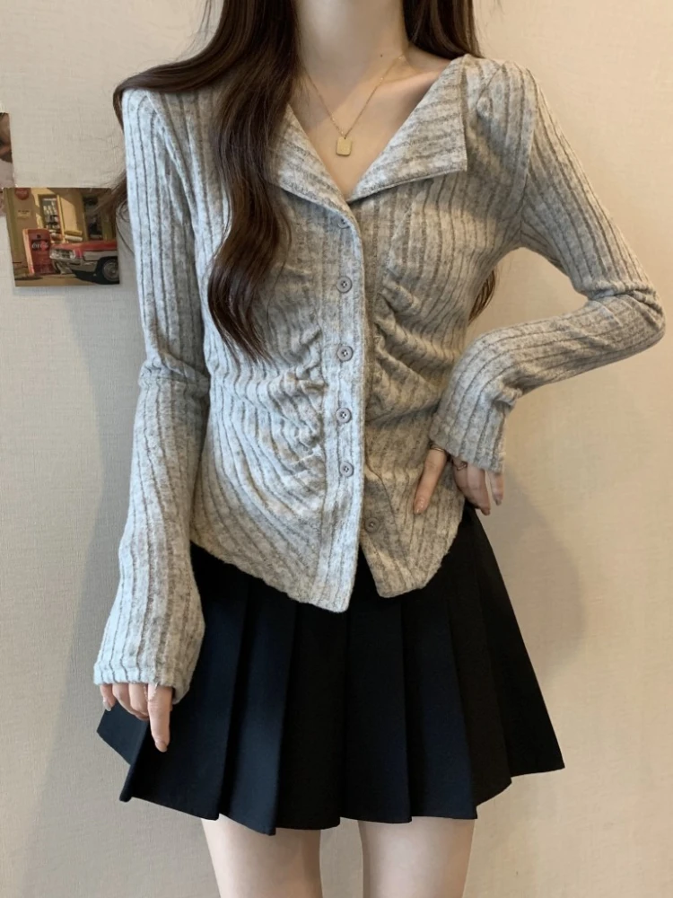 

Винтажный тонкий свитер с длинными рукавами, корейский вязаный кардиган с v-образным вырезом, женская одежда Y2k, осенние шикарные плиссированные топы нерегулярной формы для девочек